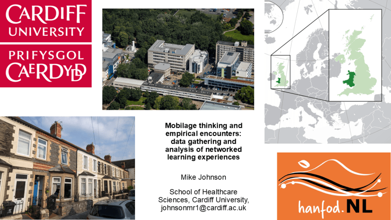 Images include the Cardiff Uni logo, a photo of Ty Dewi Sant, a map locating Wales, Mike's house, the hanfod.NL logo and the titles of the presentation.